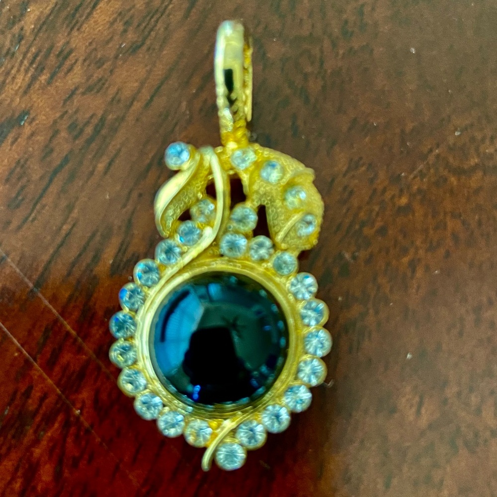 Gold Tone 1.5” Pendant & Large Dark Stone Surrounded by Smaller Cubic Zirconia